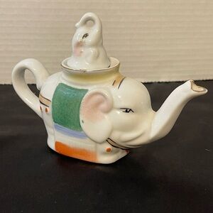 Pier 1 Elephant Ceramic Teapot with Green and Orange Accents